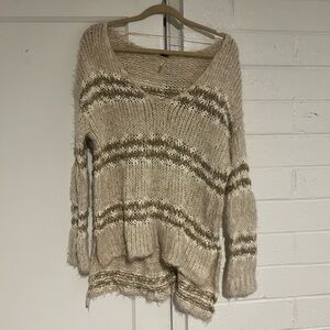 Free People Cream and Brown V-Neck Sweater